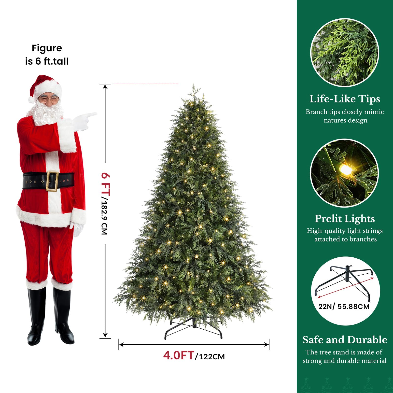 6ft Prelit Cedar Cypress Artificial Christmas Tree, 1210 Leaves & 340 LED Lights, 17 Mode with Remote