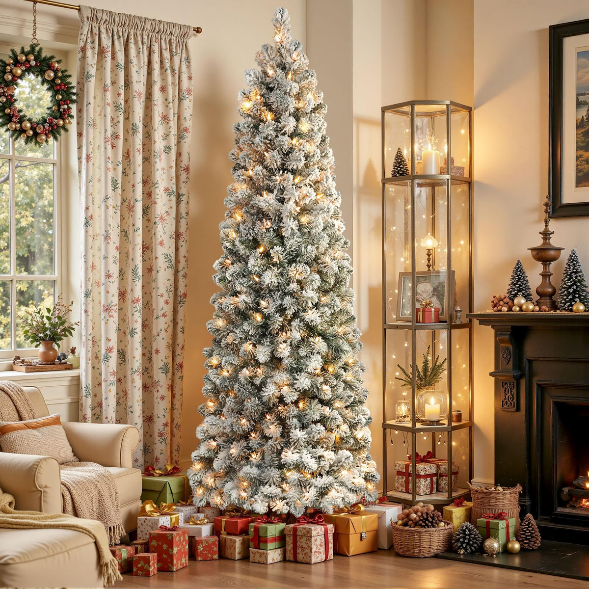 9ft Prelit Pencil Snow Flocked Artificial Xmas Tree with 450 Warm White Lights - SHareconn