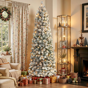 9ft Prelit Pencil Snow Flocked Artificial Xmas Tree with 450 Warm White Lights - SHareconn