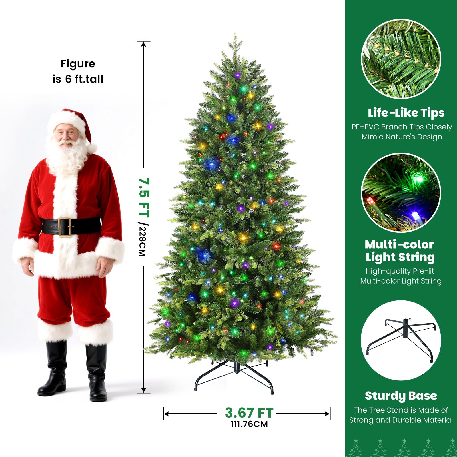 7.5ft Prelit Artificial Hinged Christmas Tree with 430 Color Changing RGB Lights(Upgraded),Remote Control,Fake Pre-Lit Lush Fraser Fir Tree with 2434 Branch Tips for Xmas Decoration