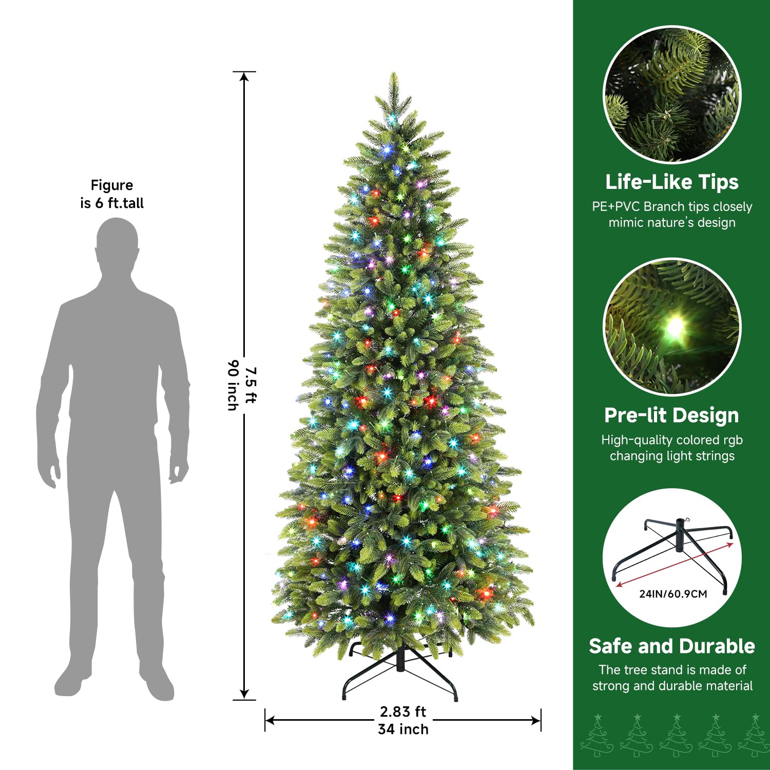 7.5ft Prelit 306 RGB Lights Realistic Artificial Hinged Christmas Tree with 1959 Branch Tip and Remote - SHareconn