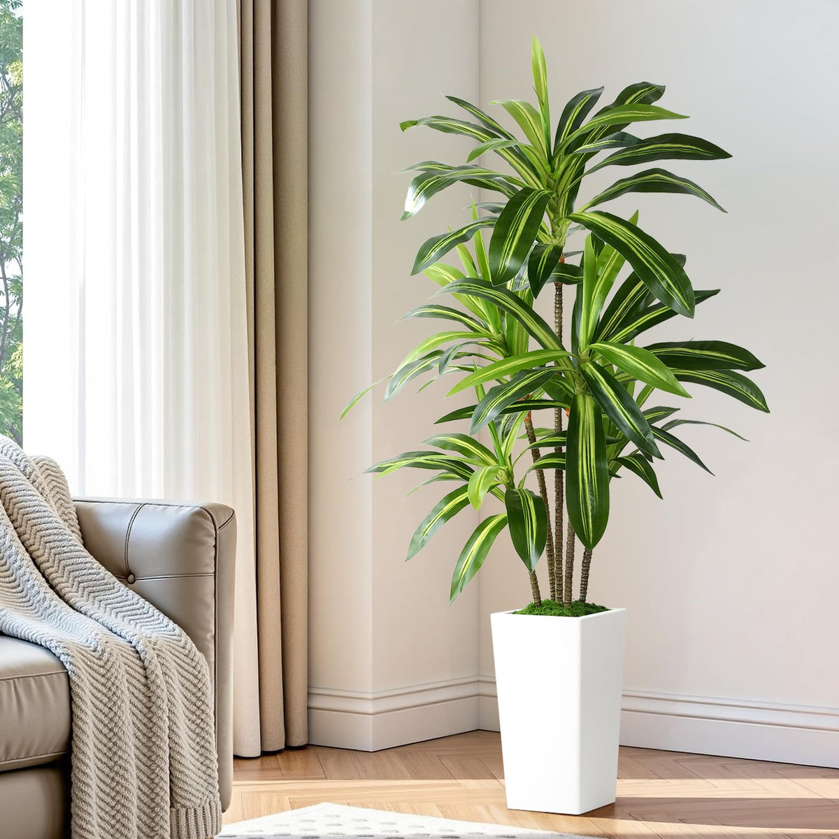 SHareconn artificial Dracaena tree in white planter, 4/5/6 ft faux indoor plant with lush green leaves.