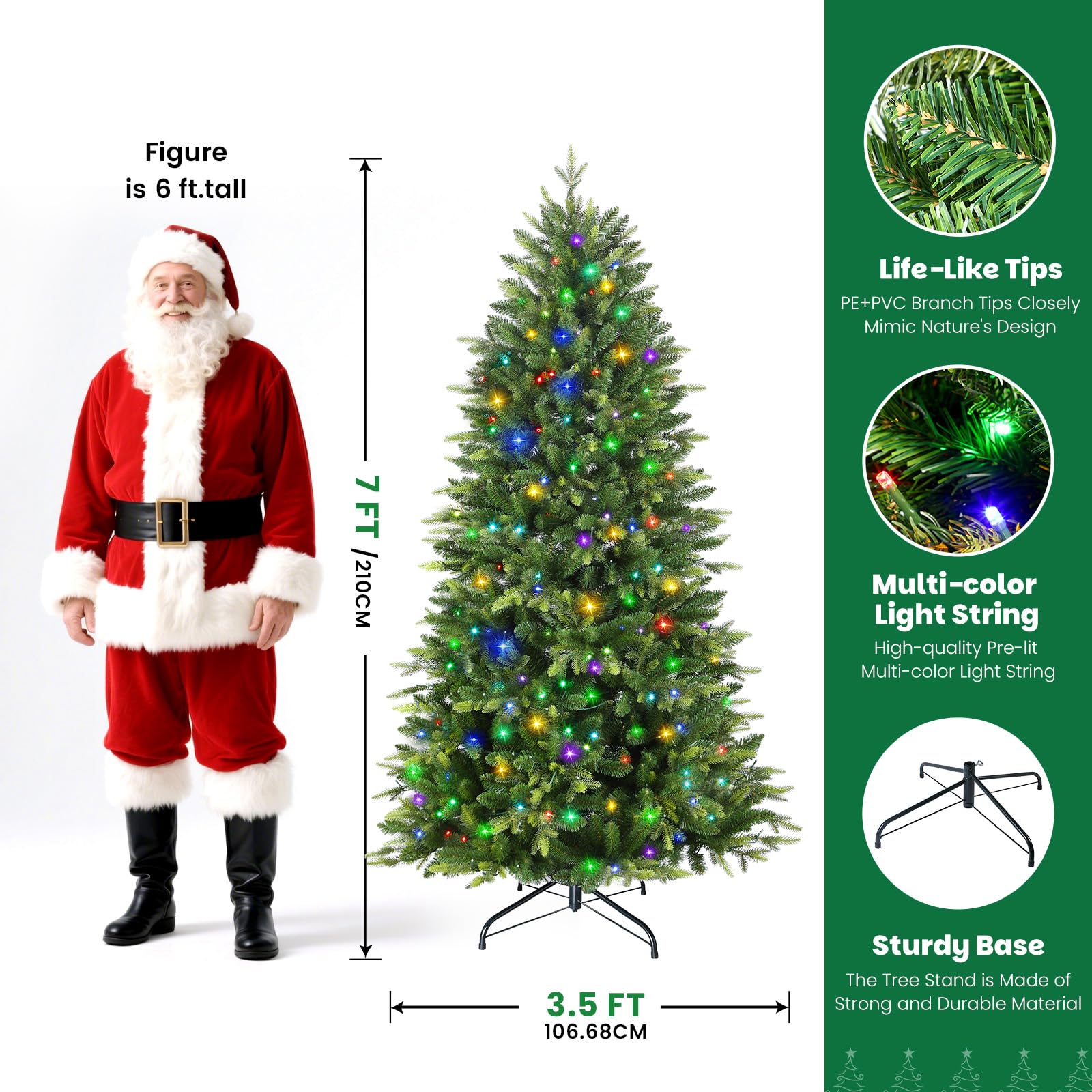 7ft Prelit Artificial Hinged Christmas Tree with 380 Color Changing RGB Lights(Upgraded),Remote Control,Fake Pre-Lit Lush Fraser Fir Tree with 2126 Branch Tips for Xmas Decoration