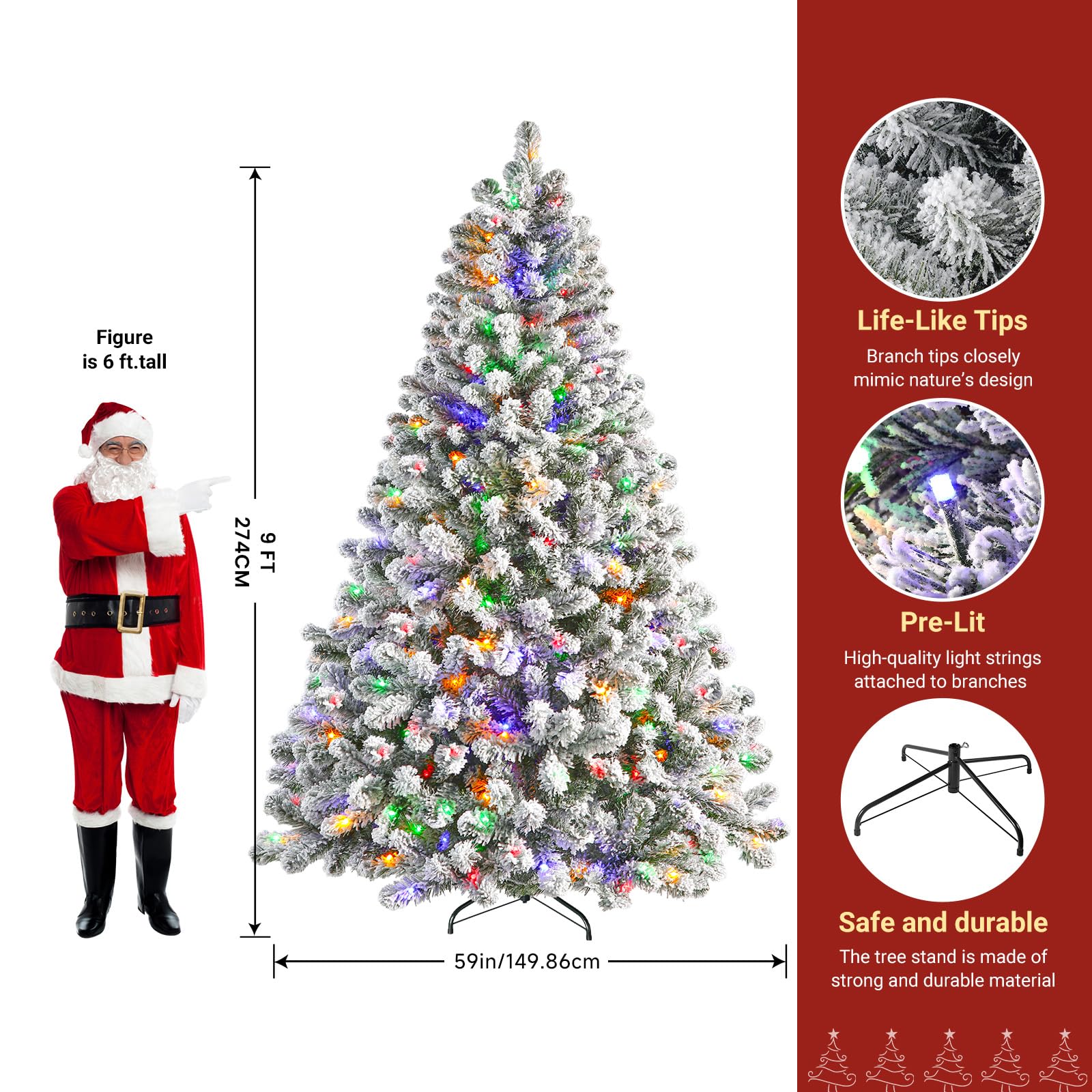 9ft Pre-Lit Flocked Spruce Artificial Hinged Christmas Tree with Remote, Timer and 640 Warm White & Multi-Color Lights, 2316 Branch Tips, Perfect Choice for Xmas Decoration, 9 FT, White