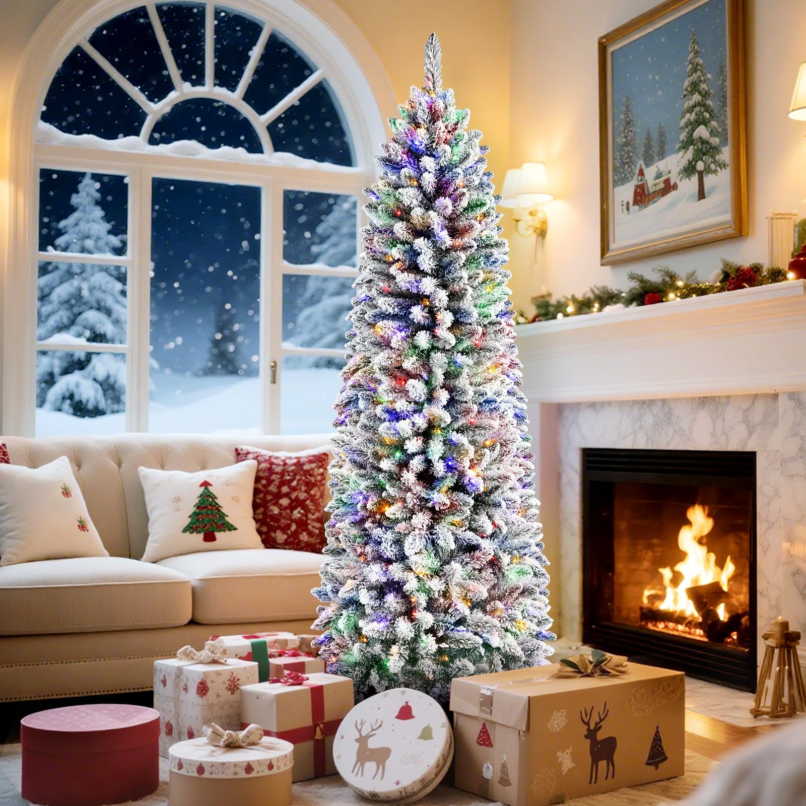 7ft Pencil Flocked Spruce Christmas Tree with Multi-color Lights