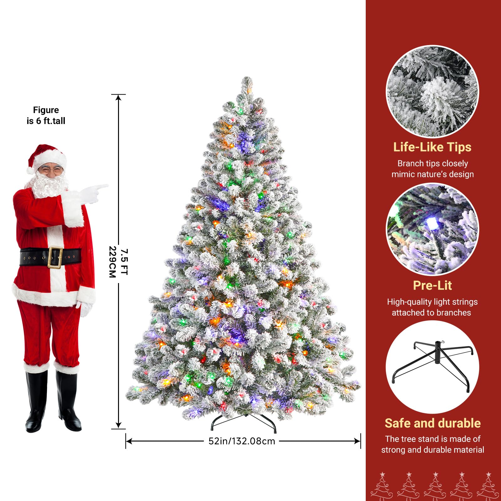 7.5ft Pre-Lit Flocked Spruce Artificial Hinged Christmas Tree with Remote, Timer and 470 Warm White & Multi-Color Lights, 1264 Branch Tips, Perfect Choice for Xmas Decoration, 7.5 FT, White
