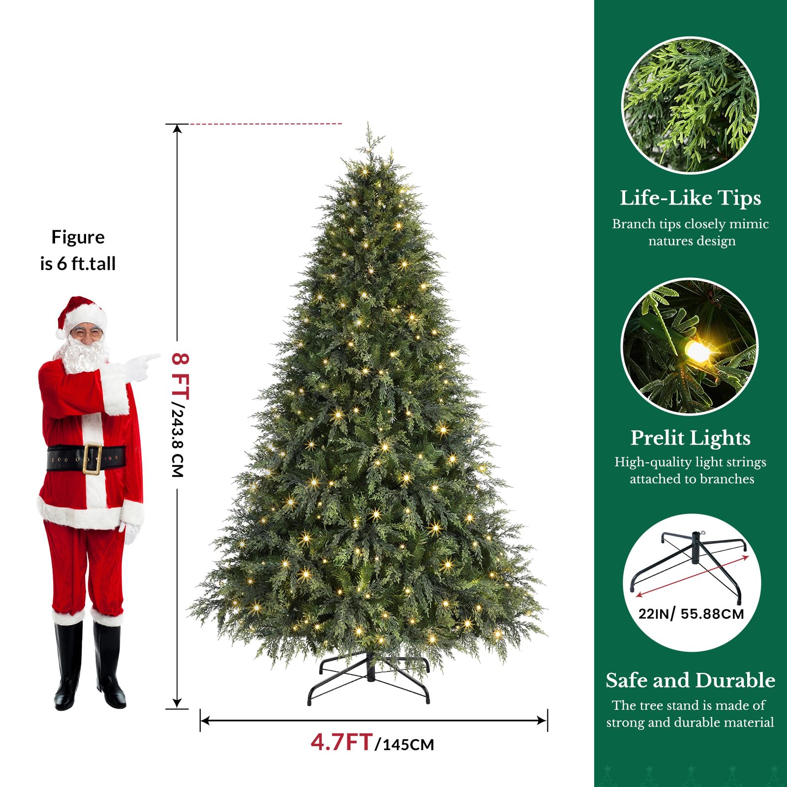 8ft Prelit Cedar Cypress Artificial Christmas Tree, 3760 Leaves & 500 LED Lights, 17 Mode with Remote