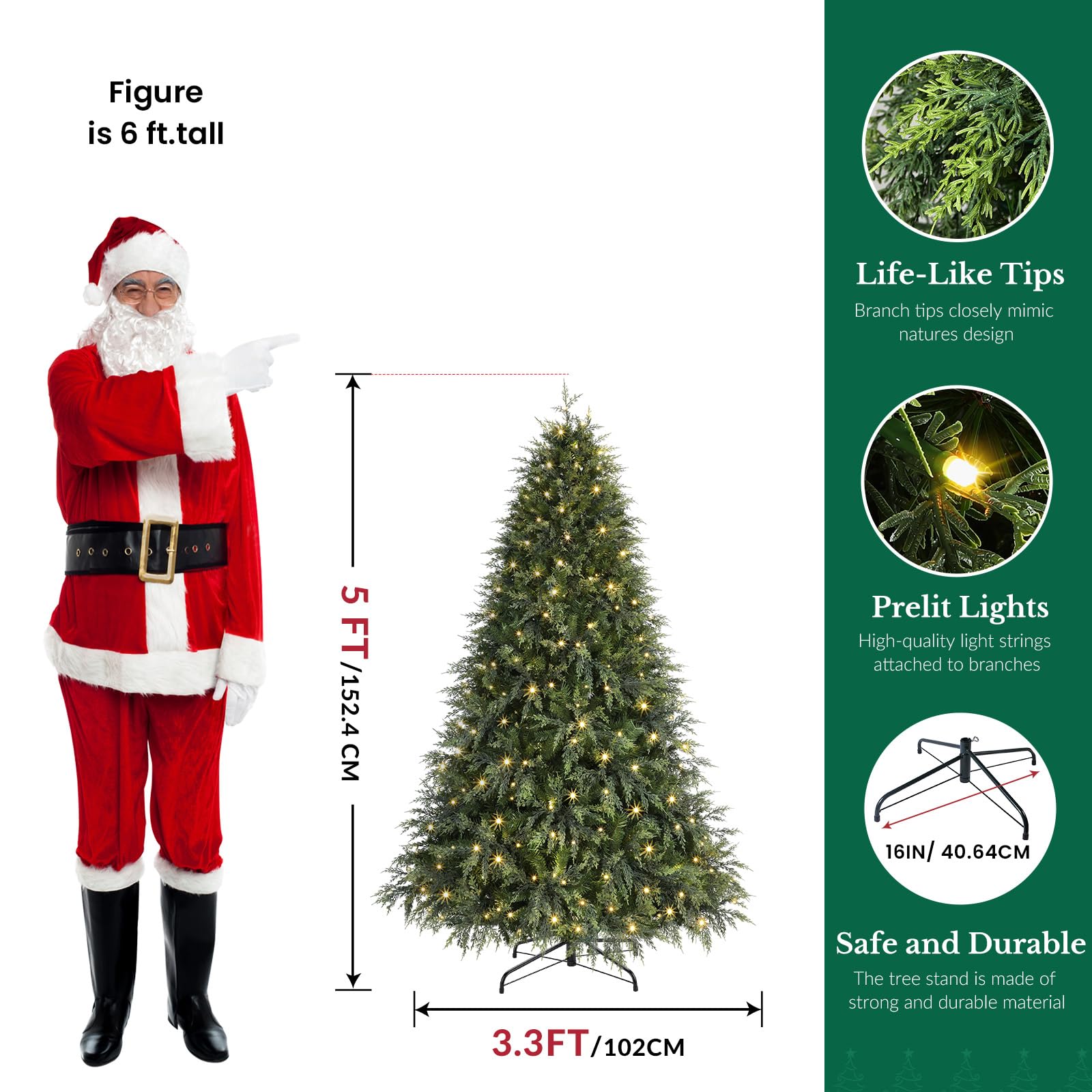 5ft Prelit Cedar Cypress Artificial Christmas Tree, 930 Leaves & 270 LED Lights, 17 Mode with Remote