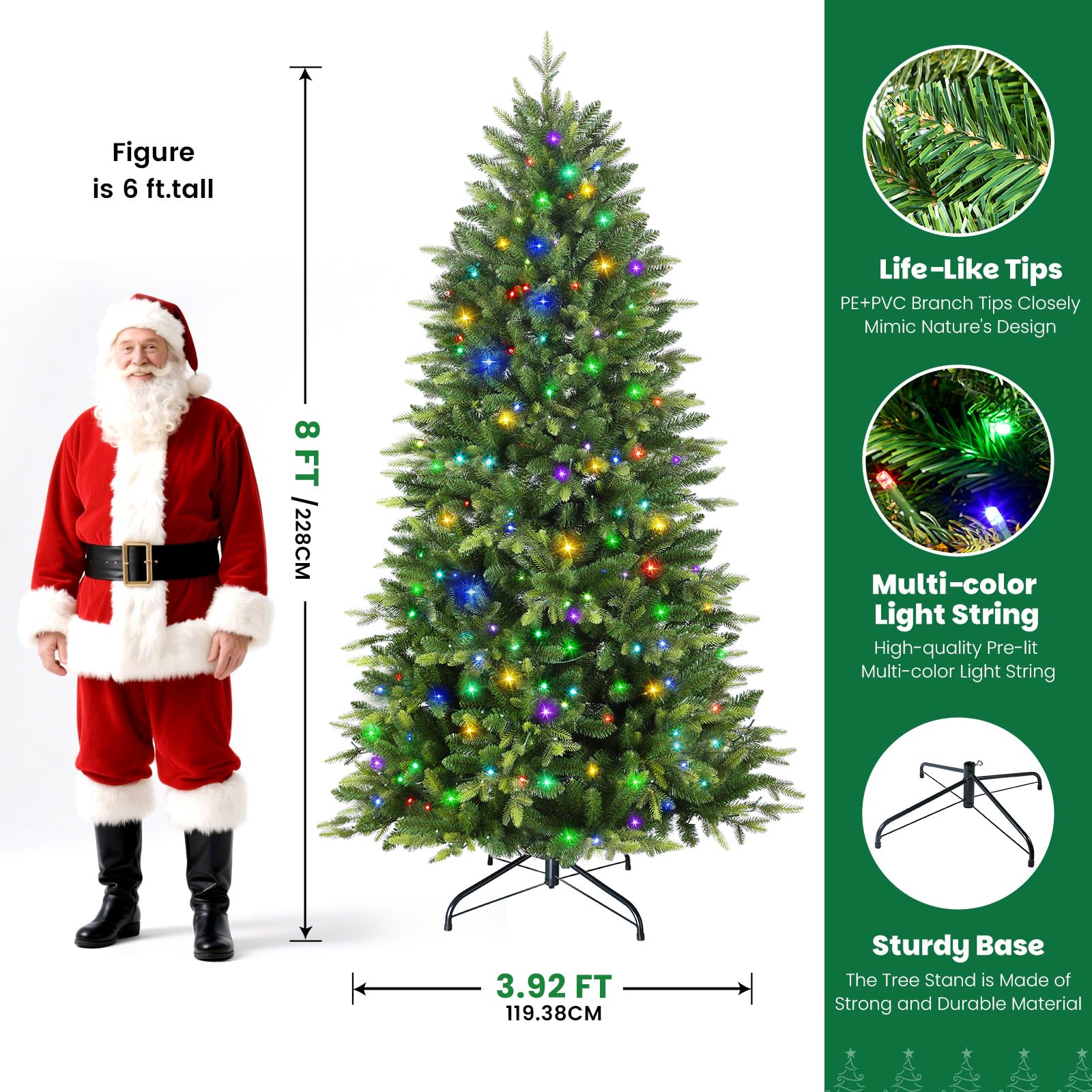 8ft Prelit Artificial Hinged Christmas Tree with 460 Color Changing RGB Lights(Upgraded),Remote Control,Fake Pre-Lit Lush Fraser Fir Tree with 2834 Branch Tips for Xmas Decoration