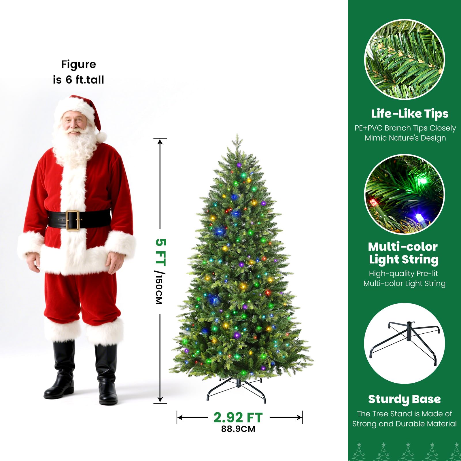 5.5ft Prelit Artificial Hinged Christmas Tree with 250 Color Changing RGB Lights(Upgraded),Remote Control,Fake Pre-Lit Lush Fraser Fir Tree with 1406 Branch Tips for Xmas Decoration