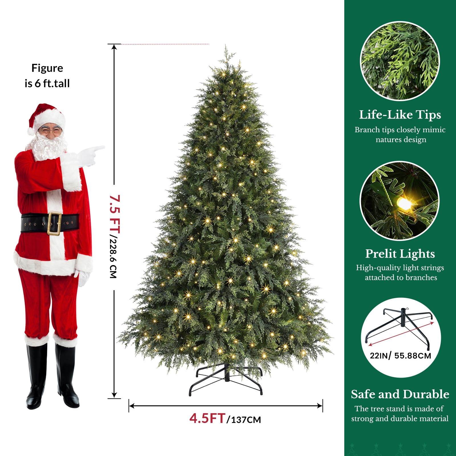 7.5ft Prelit Cedar Cypress Artificial Christmas Tree, 1680 Leaves & 440 LED Lights, 17 Mode with Remote