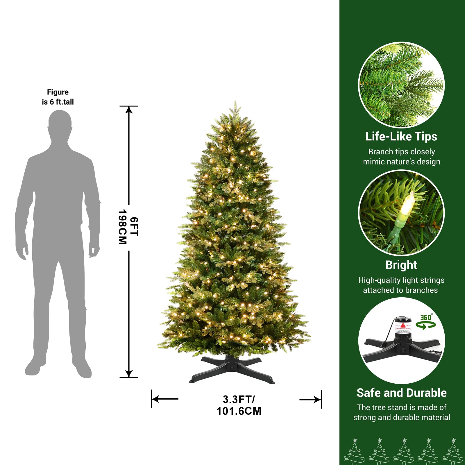 Prelit Realistic Lush Fraser Fir Artificial Christmas Tree with Twinkle Warm White Light and 360° Rotating Stand