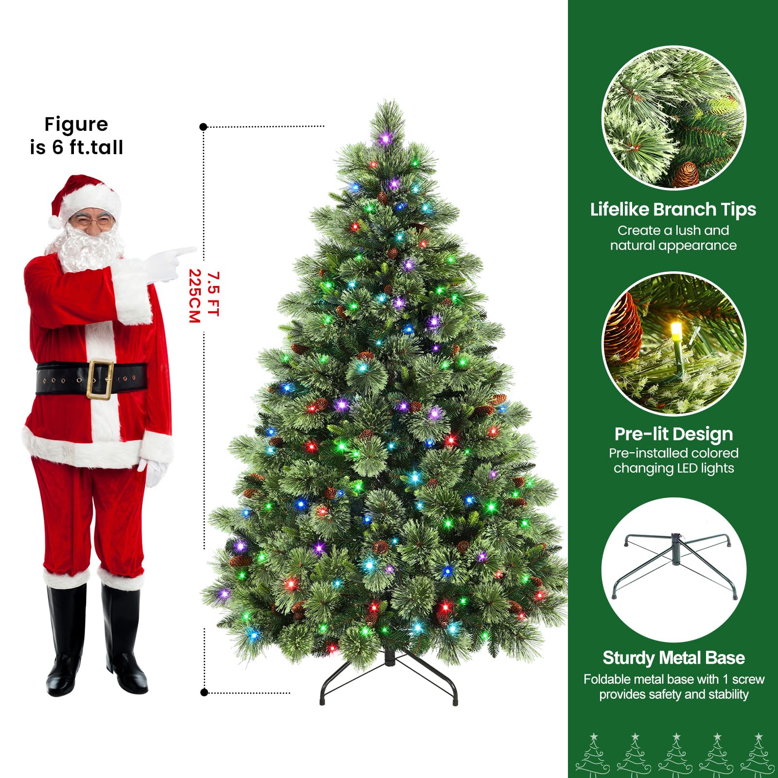 Realistic Pre-lit Carolina Pine Artificial Christmas Pine Trees with RGB Lights Remote-106 Lights Modes - SHareconn