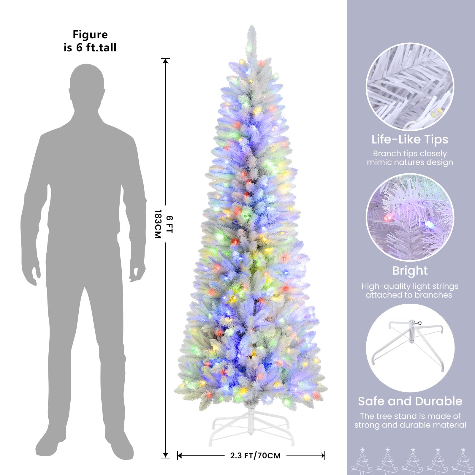 6ft Prelit White Artificial Slim Pencil Christmas Tree with Warm White & Multi-Color Lights and Remote