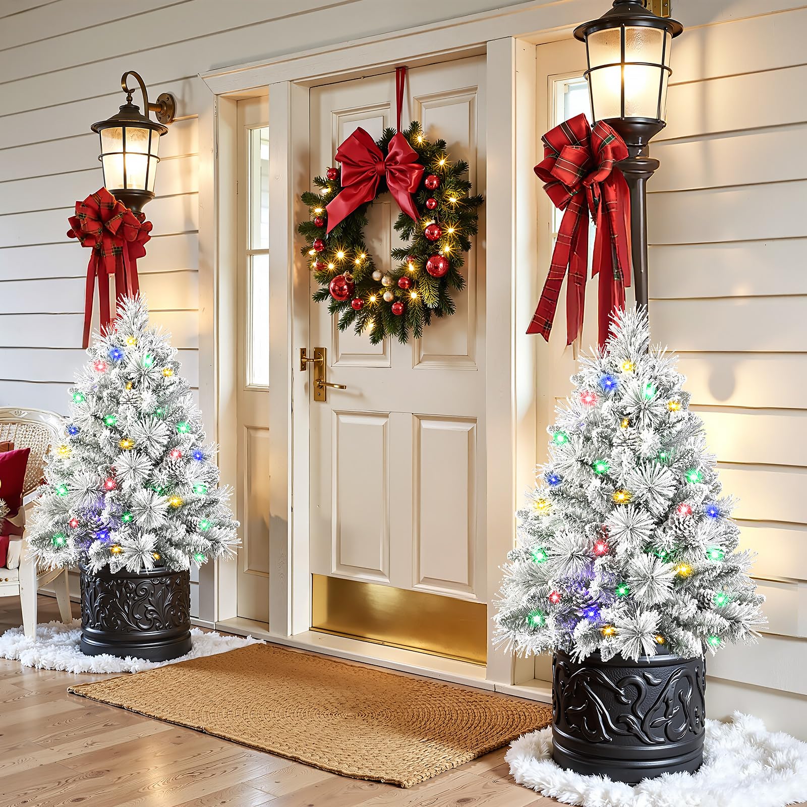 24.5 Inch Lighted Flocked Outdoor Christmas Tree with Multi-Color Lights-2 Packs