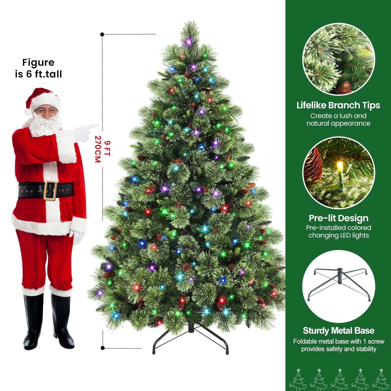 9ft Prelit RGB Lights Carolina Pine Artificial Christmas Pine Trees with Remote - SHareconn