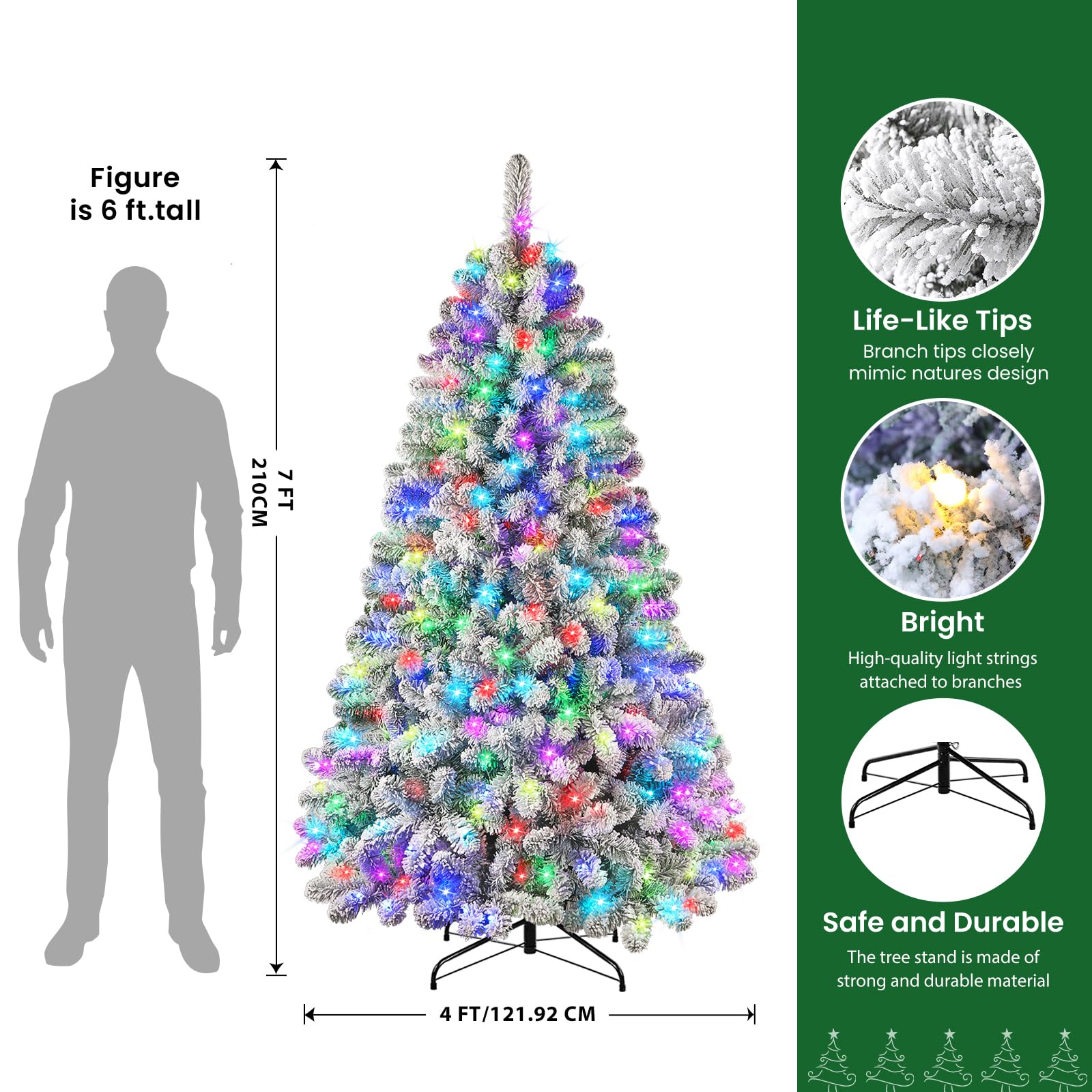7ft Prelit Snow Flocked Spruce Artificial Christmas Tree with Remote (2025 Upgraded), 400 Pre-Lit Multi-Color RGB Lights, Full Snow Branch Tips for Home, Office, Xmas Decoration, 7 FT