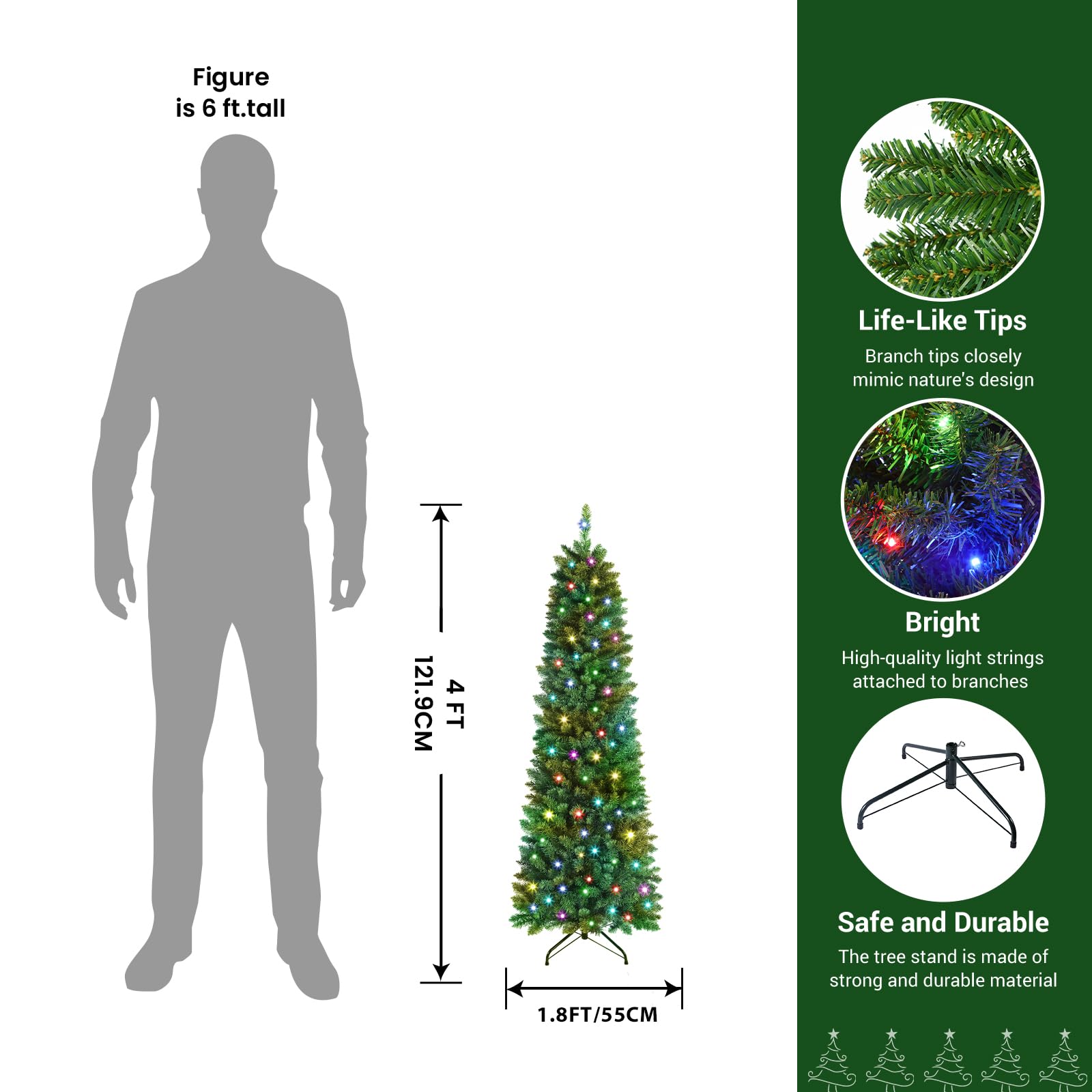 Pre-lit Classic Spruce Artificial Slim Pencil Christmas Trees with RGB Lights Remote
