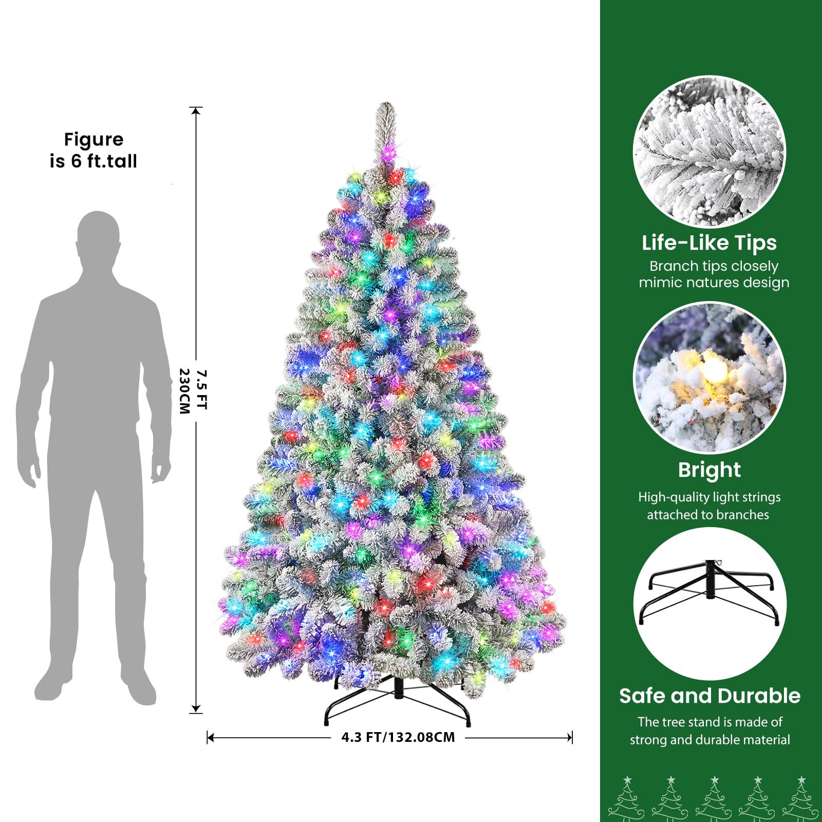 7.5ft Prelit RGB Lightst Snow Flocked Spruce Artificial Xmas Christmas Trees with 106 Lights Modes - SHareconn