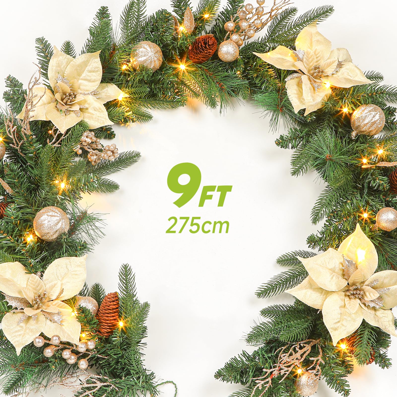 SHareconn Prelit Christmas Garland Decorations with Multi-Color LED Lights Battery-Operated Timer Lighted Garland with Ball Poinsettia