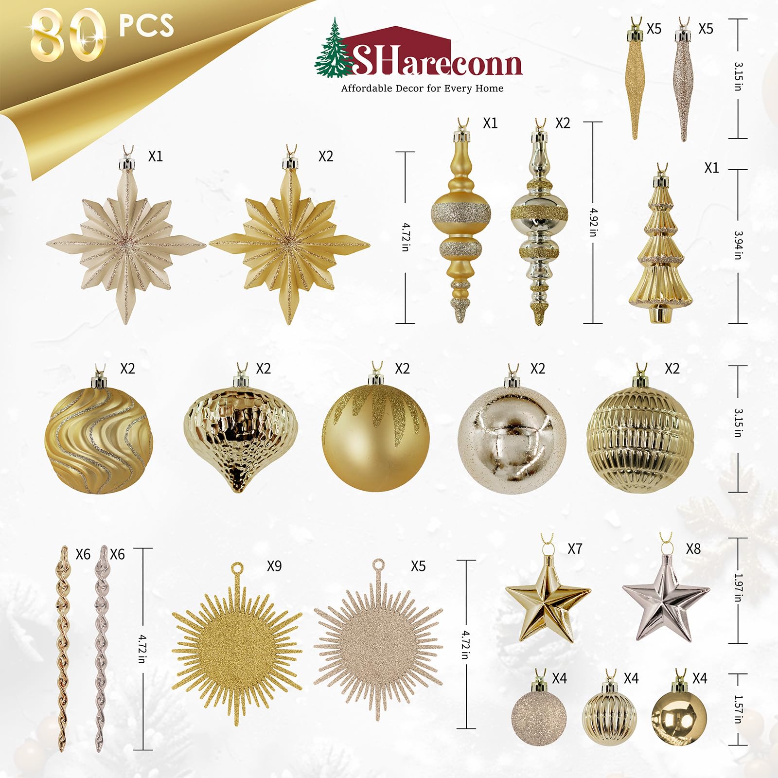80pcs Deep and Light Gold Flowers, Ribbons, Stars Christmas Balls Ornaments Set with Hanging Strings