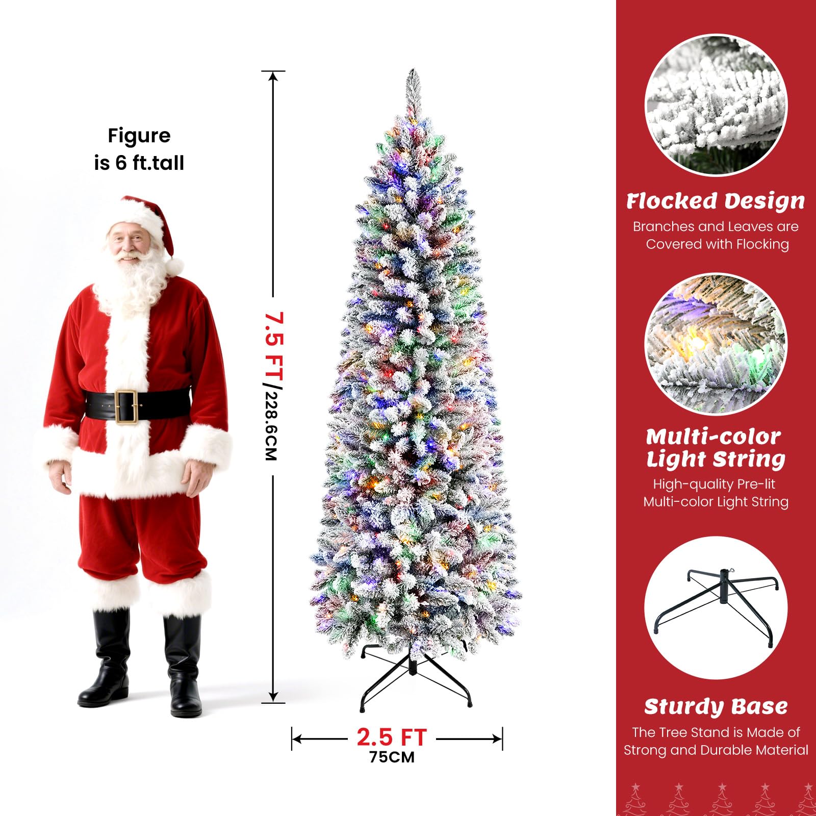 7.5ft Pencil Snow Flocked Artificial Xmas Tree with Multi-Color Lights