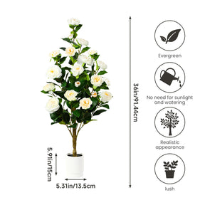 Two artificial Camellia trees with white blossoms, shown in decorative planters, by SHareconn, suitable for interior decor.