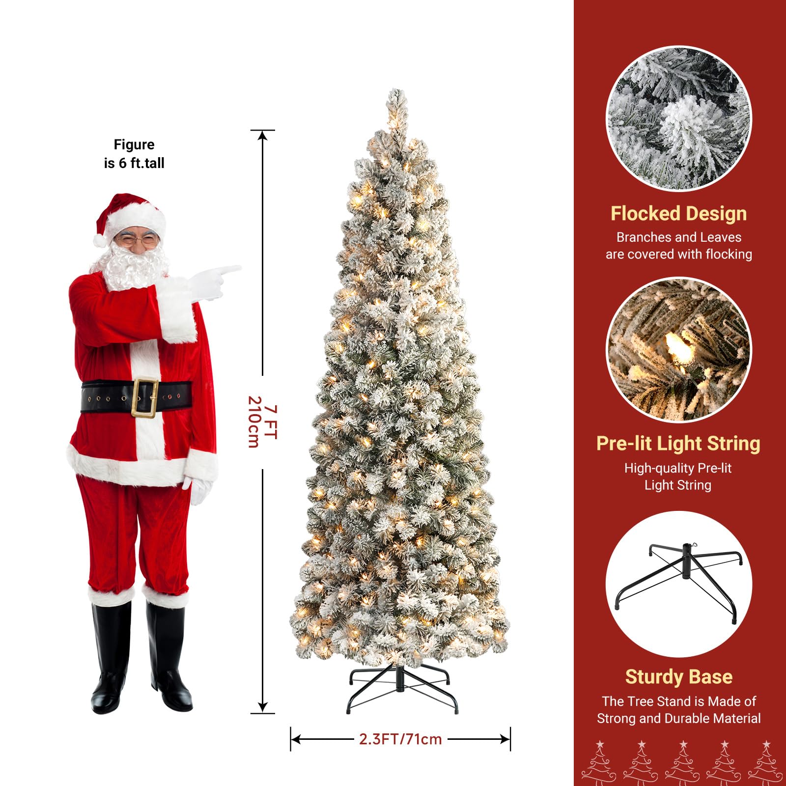 7ft Prelit Snow Flocked Spruce Artificial Slim Pencil Tree with Warm White Lights