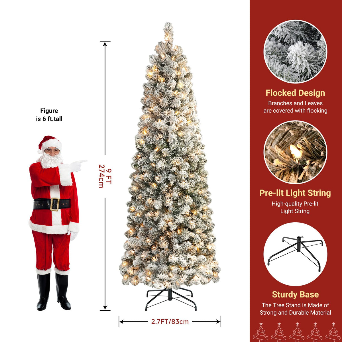 9ft Prelit Pencil Snow Flocked Artificial Xmas Tree with 450 Warm White Lights - SHareconn