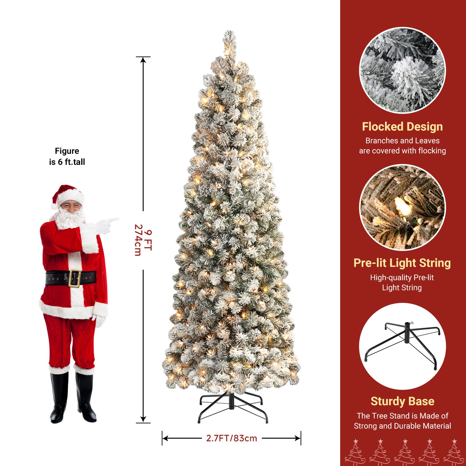 9ft Prelit Pencil Christmas Tree, Snow Flocked Artificial Hinged Slim Pencil Tree with Warm White Lights, Full Branch Tips, Perfect Choice Decoration for Xmas Holiday