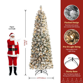 9ft Prelit Pencil Snow Flocked Artificial Xmas Tree with 450 Warm White Lights - SHareconn