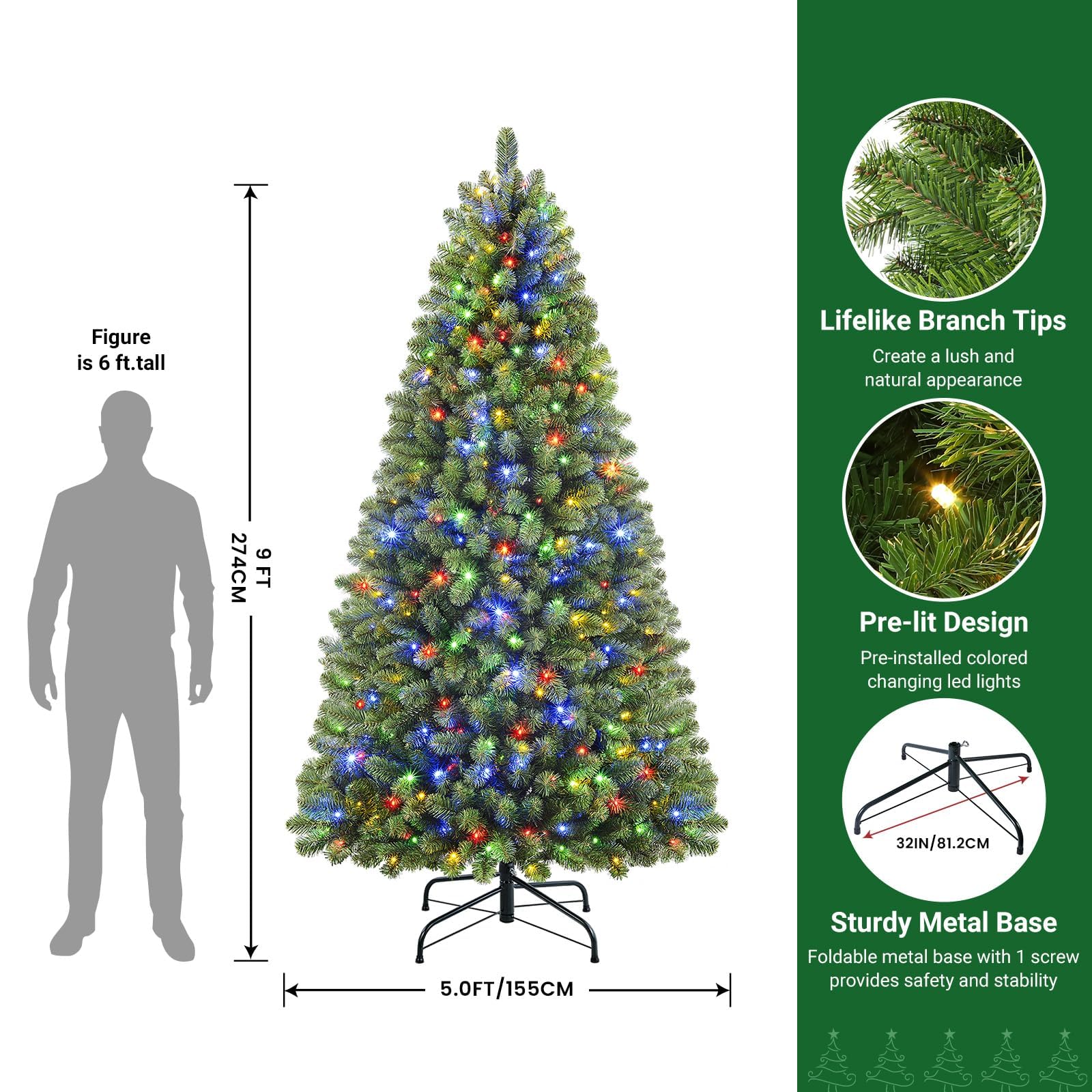9ft Pre-lit Classic Spruce Artificial Christmas Tree with Multi-Color LED Lights