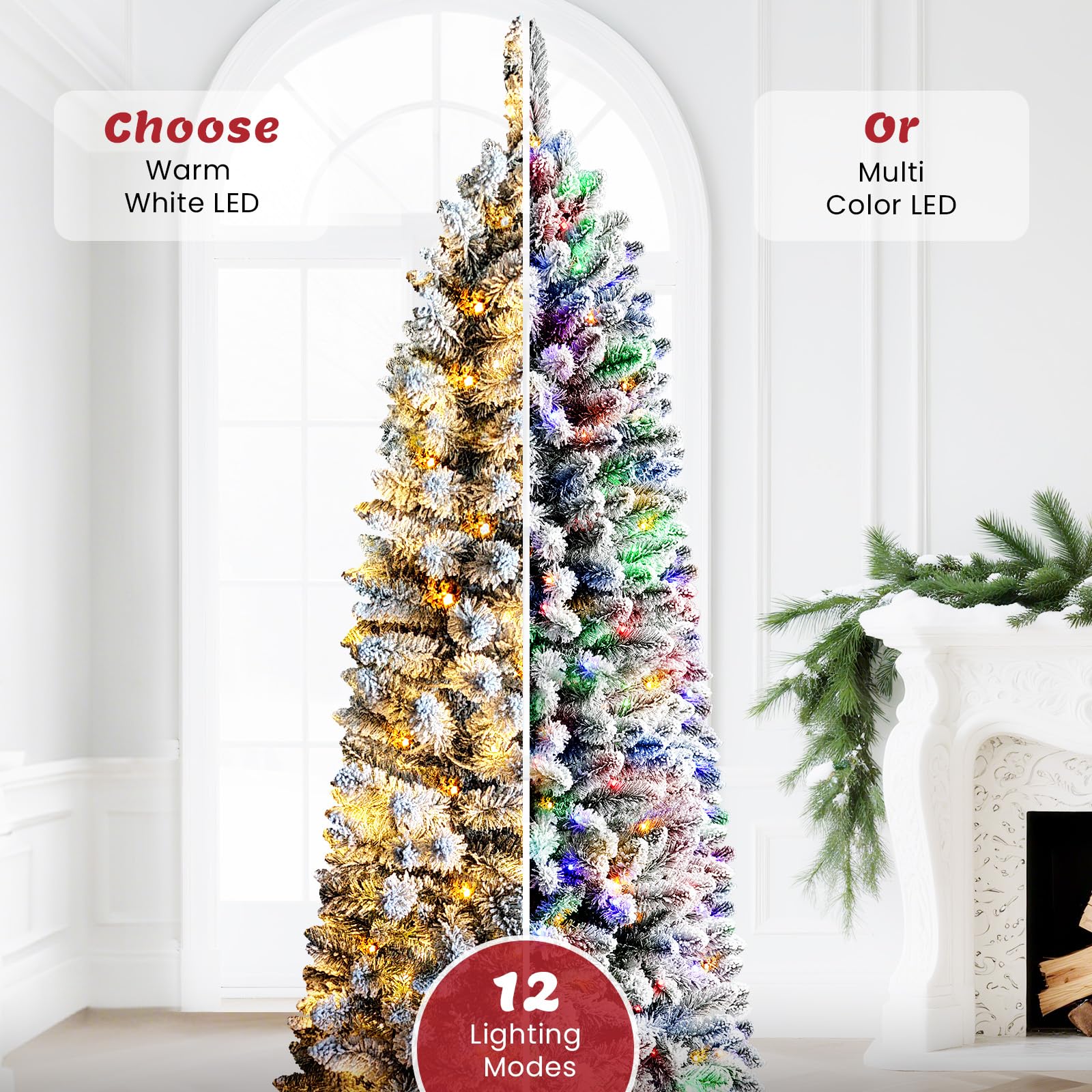 Flocked Pencil Spruce Artificial Christmas Trees with Multi Color Ligts