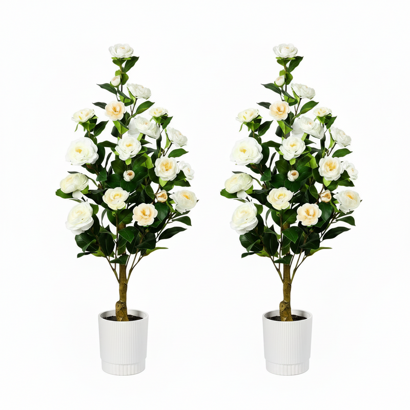 Two artificial Camellia trees with white blossoms from SHareconn, showcasing lush green leaves and elegant white flowers.