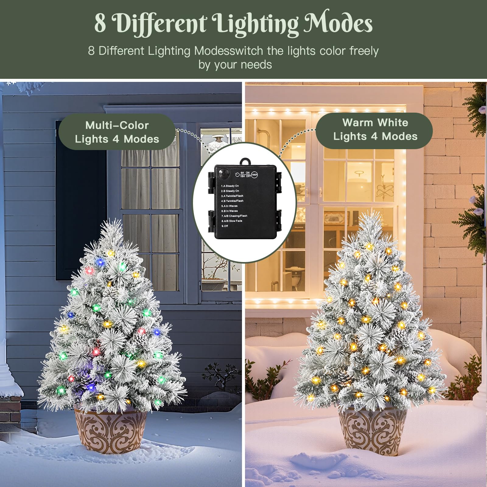 24.5 Inch Lighted Flocked Outdoor Christmas Tree with Multi-Color Lights-2 Packs - SHareconn