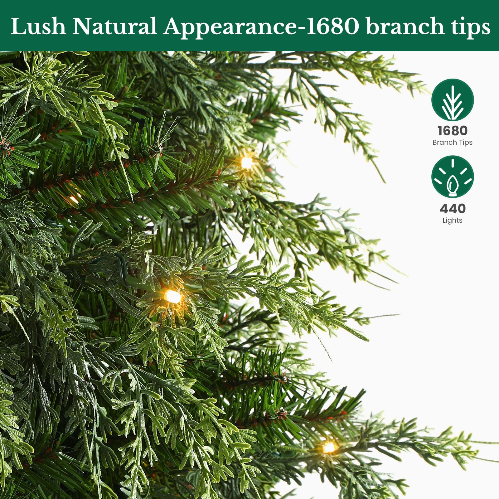 7.5ft Prelit Cedar Cypress Artificial Christmas Tree, 1680 Leaves & 440 LED Lights, 17 Mode with Remote