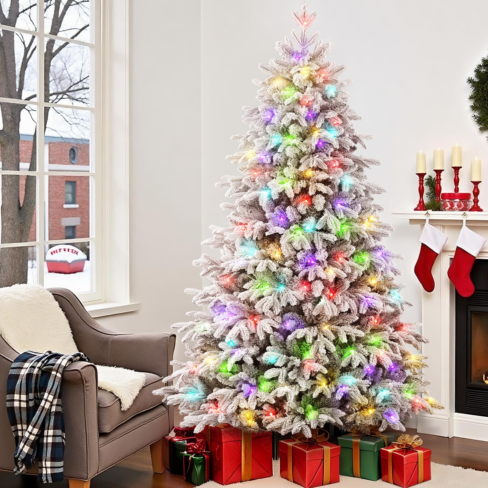 7ft Flocked Cedar Christmas Trees with Multi-Color Lights