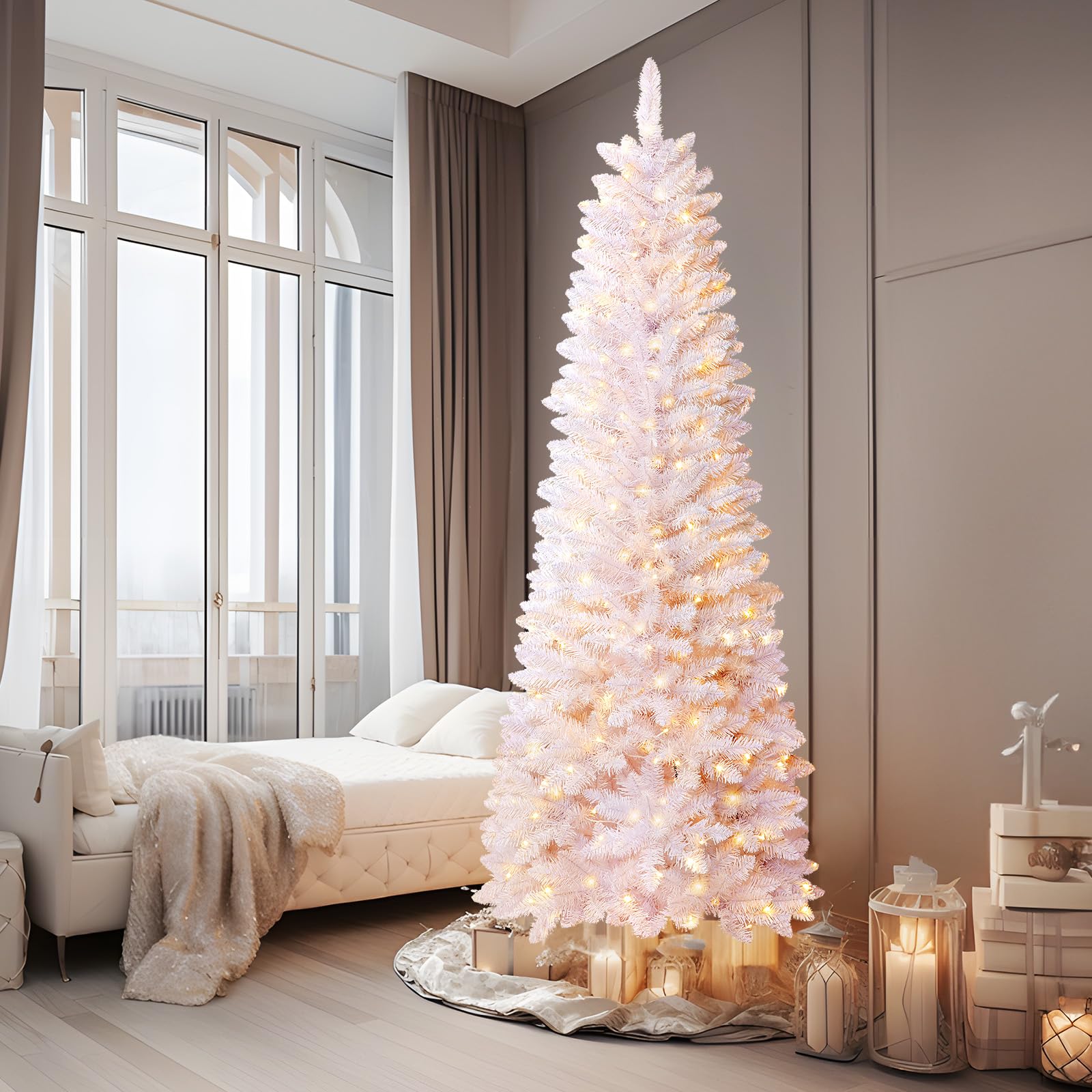 Pre-lit White Spruce Artificial Slim Pencil Christmas Tree with Multi-Color Lights
