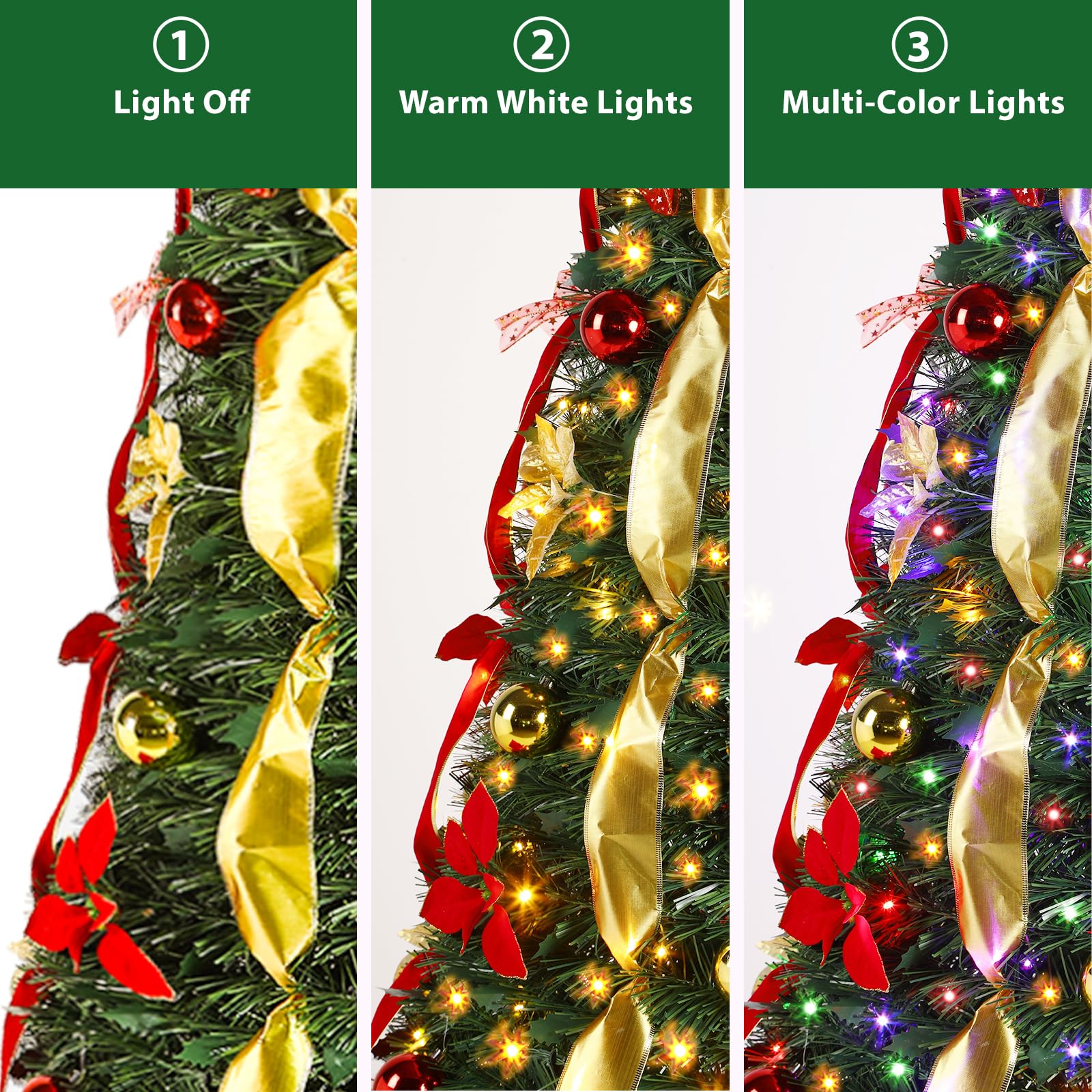 7ft Pop Up Warm White & Multi-Color Lights Artificial Christmas Tree with Red&Gold Decorations - SHareconn