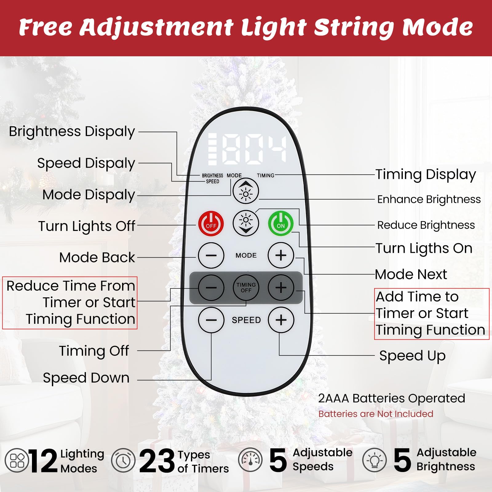 7.5ft Pencil Snow Flocked Artificial Xmas Tree with Multi-Color Lights