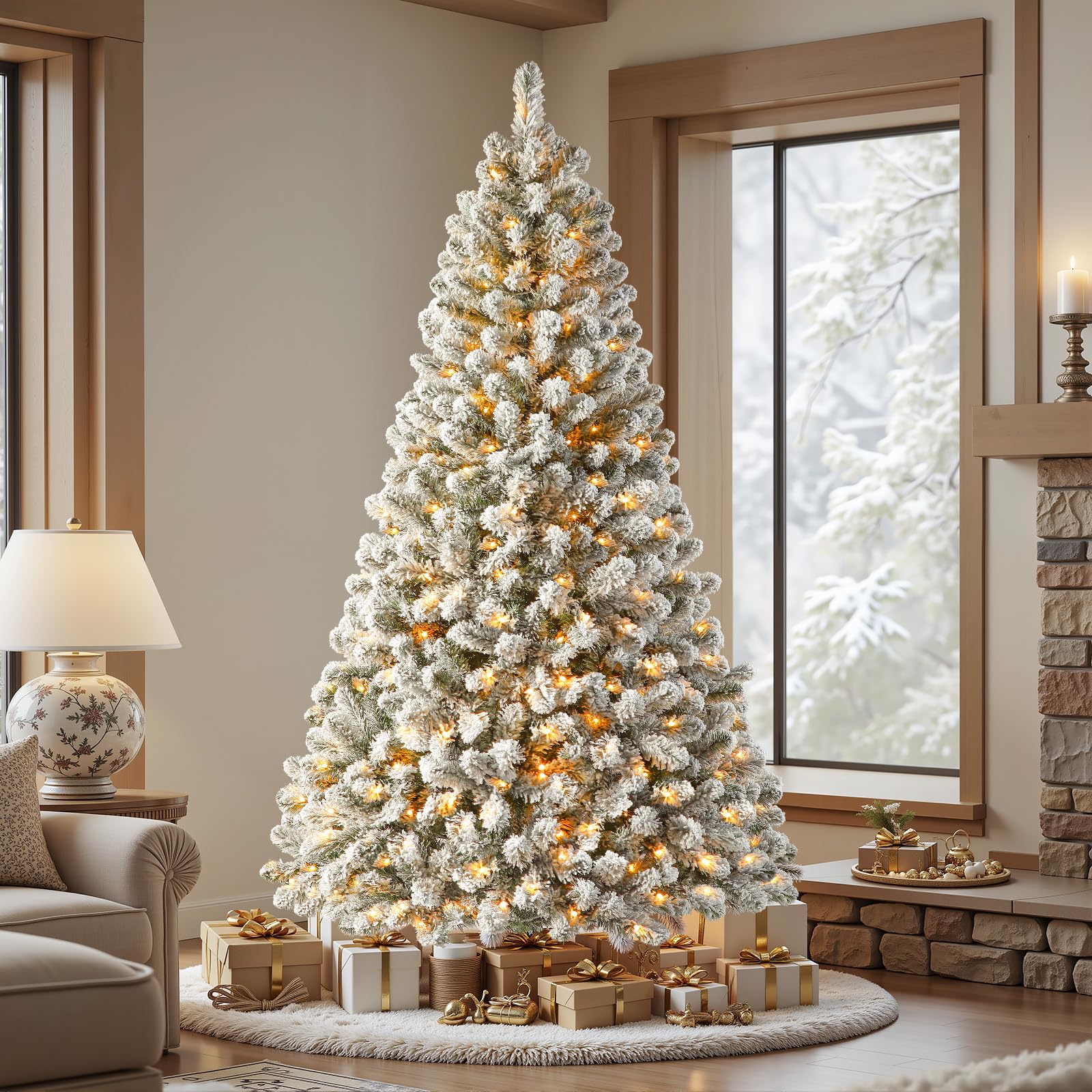 7ft Flocked Spruce Artificial Hinged Christmas Tree with Multi Color Lights