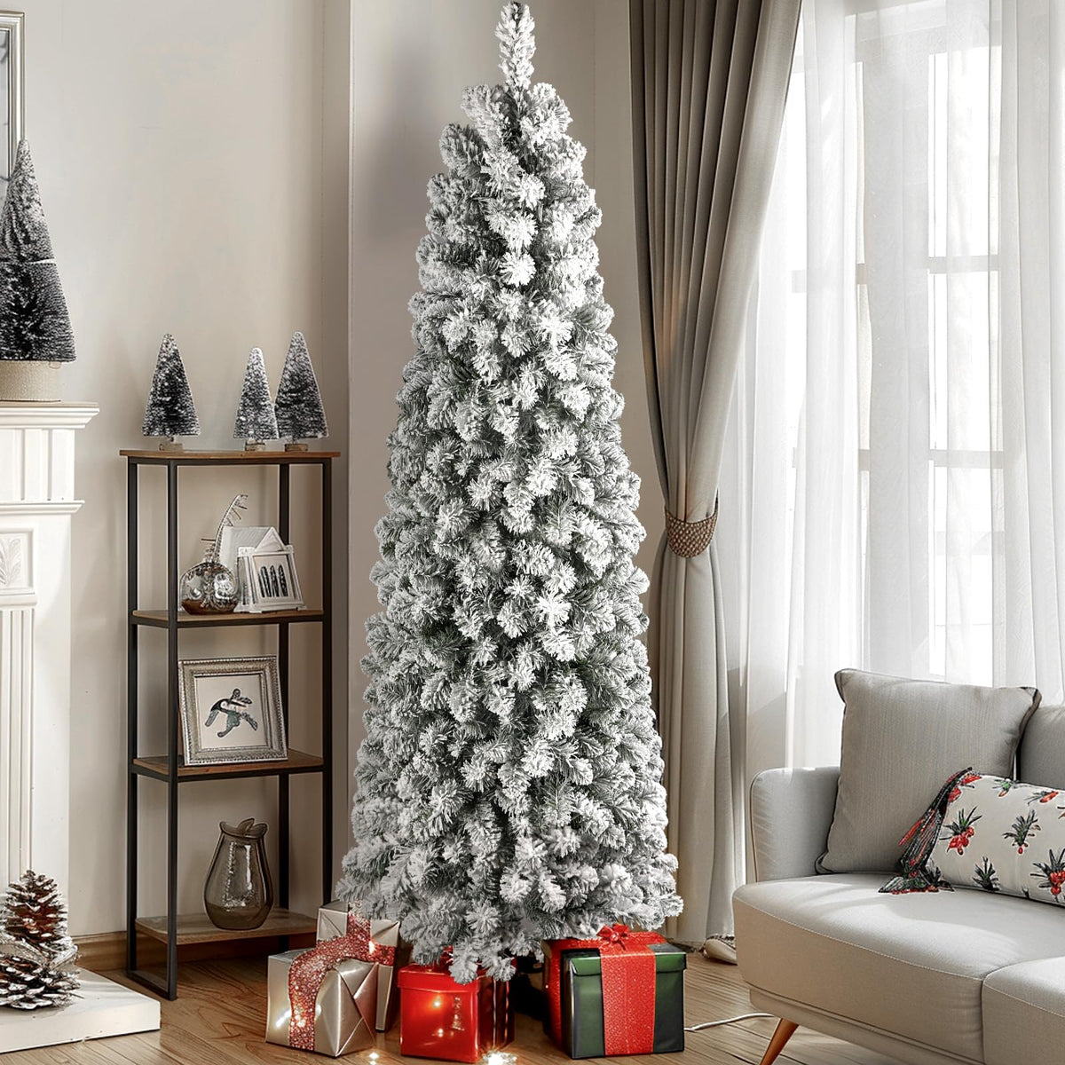 7ft Prelit Snow Flocked Spruce Artificial Slim Pencil Tree with Warm White Lights - SHareconn