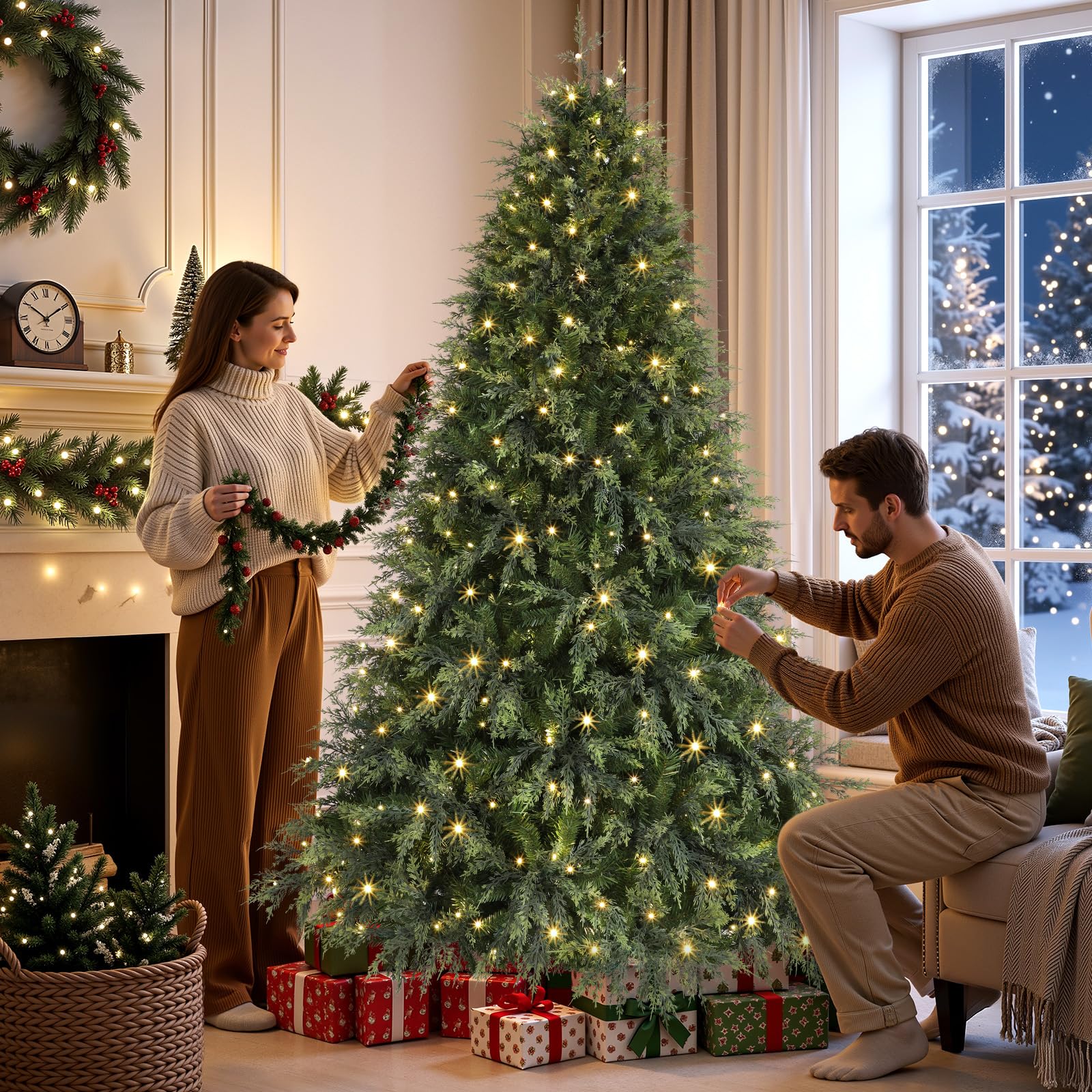 7.5ft Prelit Cedar Cypress Artificial Christmas Tree, 1680 Leaves & 440 LED Lights, 17 Mode with Remote