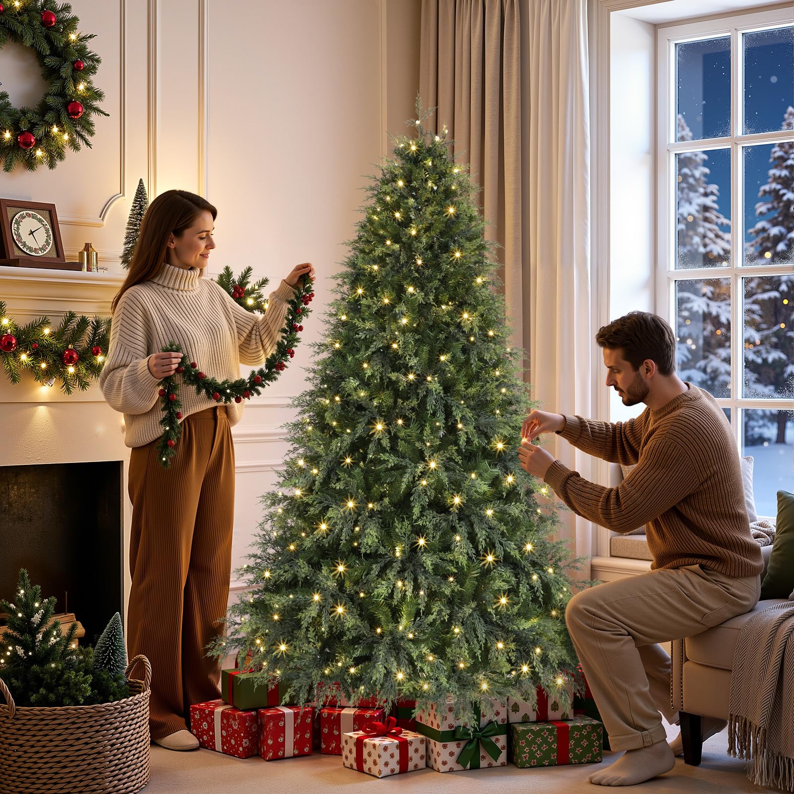 6ft Prelit Cedar Cypress Artificial Christmas Tree, 1210 Leaves & 340 LED Lights, 17 Mode with Remote