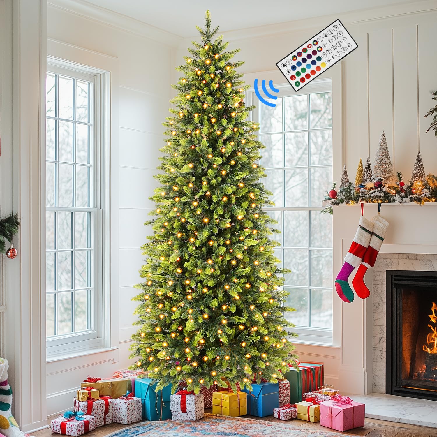 7.5ft Prelit 306 RGB Lights Realistic Artificial Hinged Christmas Tree with 1959 Branch Tip and Remote