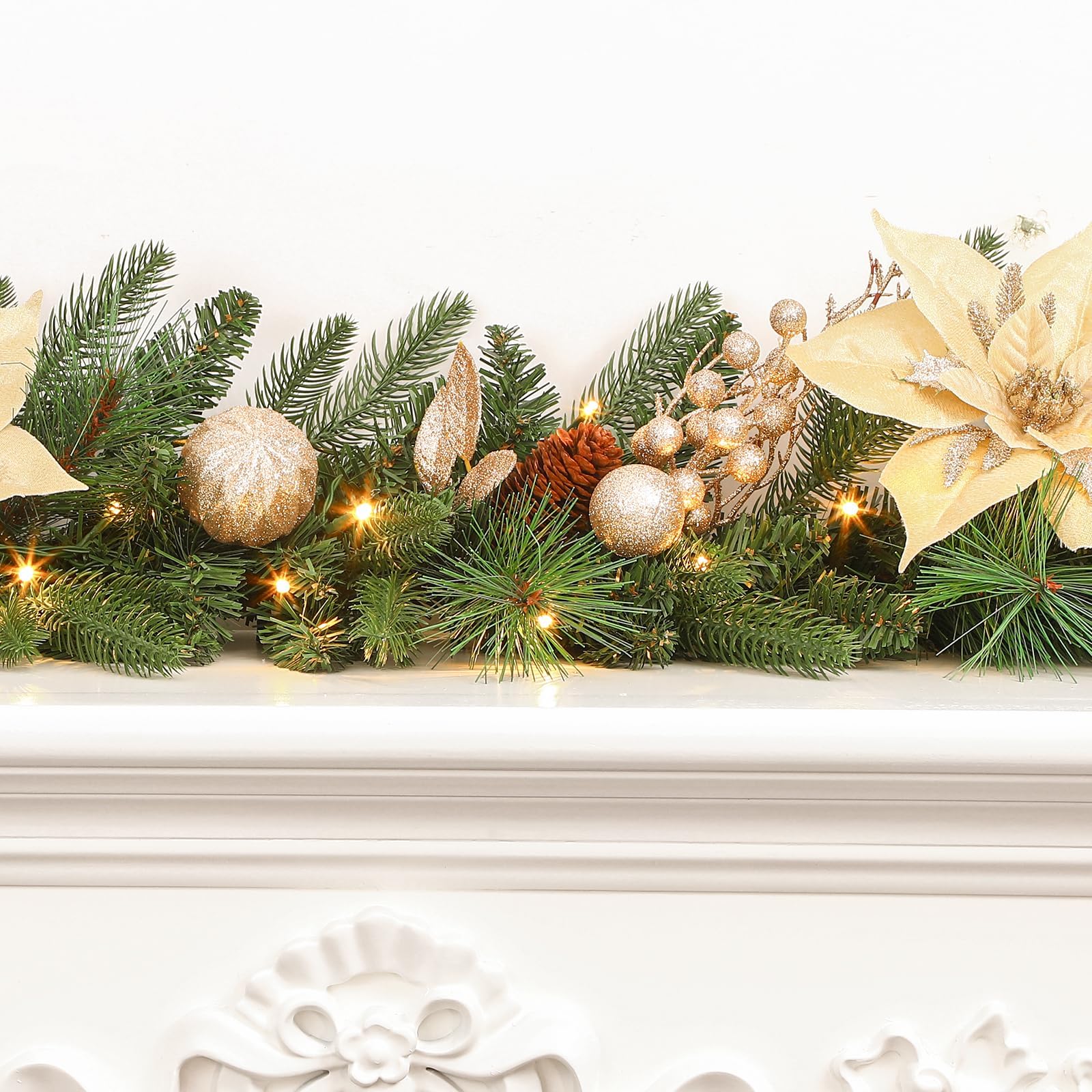 SHareconn Prelit Christmas Garland Decorations with Multi-Color LED Lights Battery-Operated Timer Lighted Garland with Ball Poinsettia