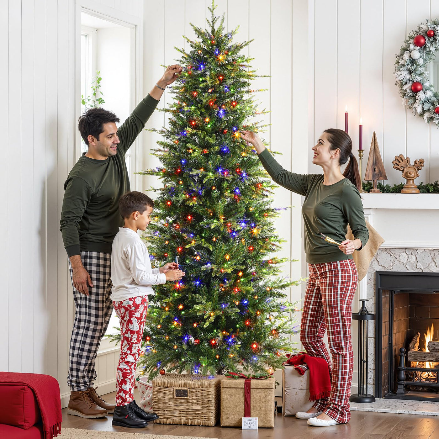 SHareconn 4ft Aspen Slim Noble Fir artificial Christmas tree with colorful multi-light decorations, ideal for holiday decor