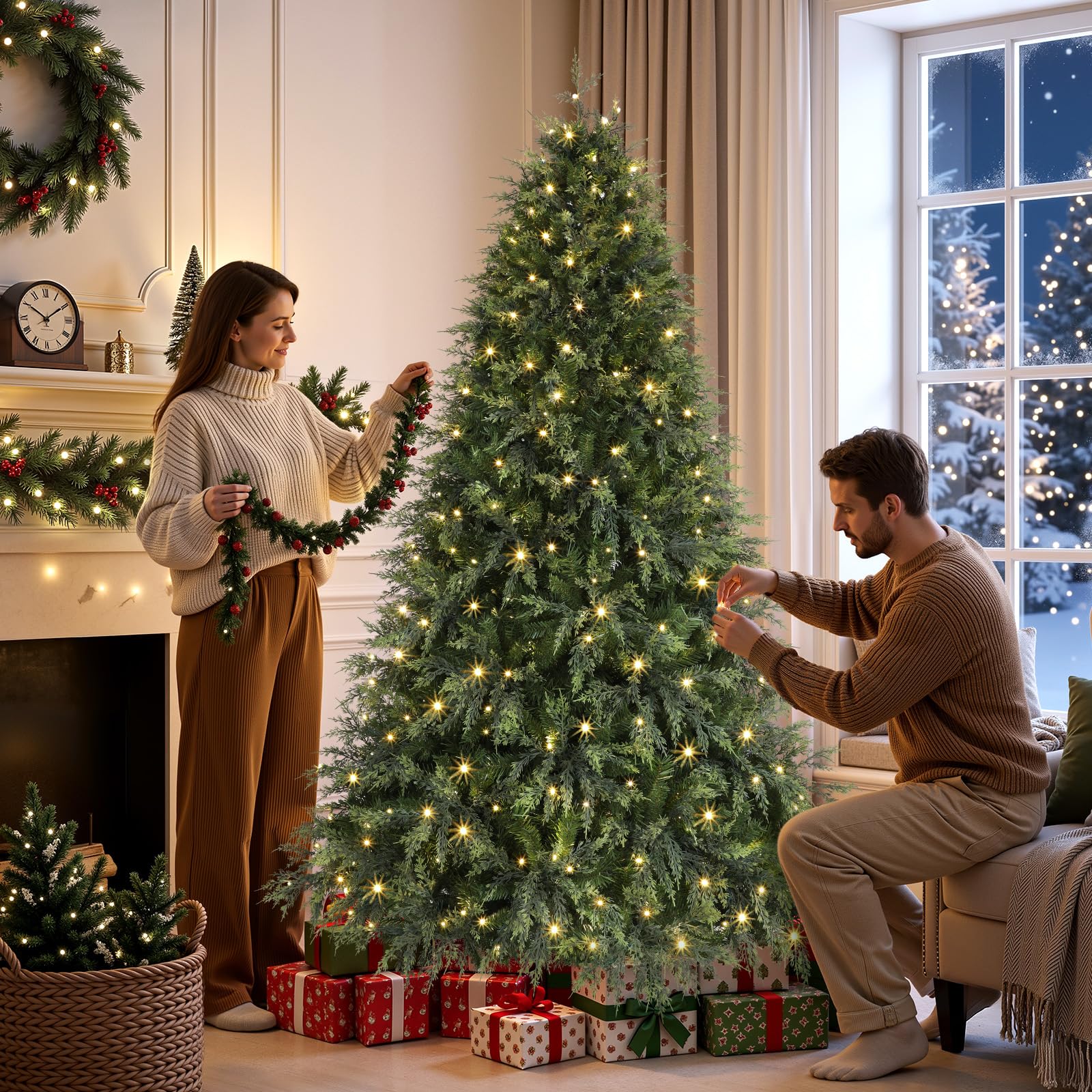 7ft Prelit Cedar Cypress Artificial Christmas Tree, 1420 Leaves & 390 LED Lights, 17 Mode with Remote