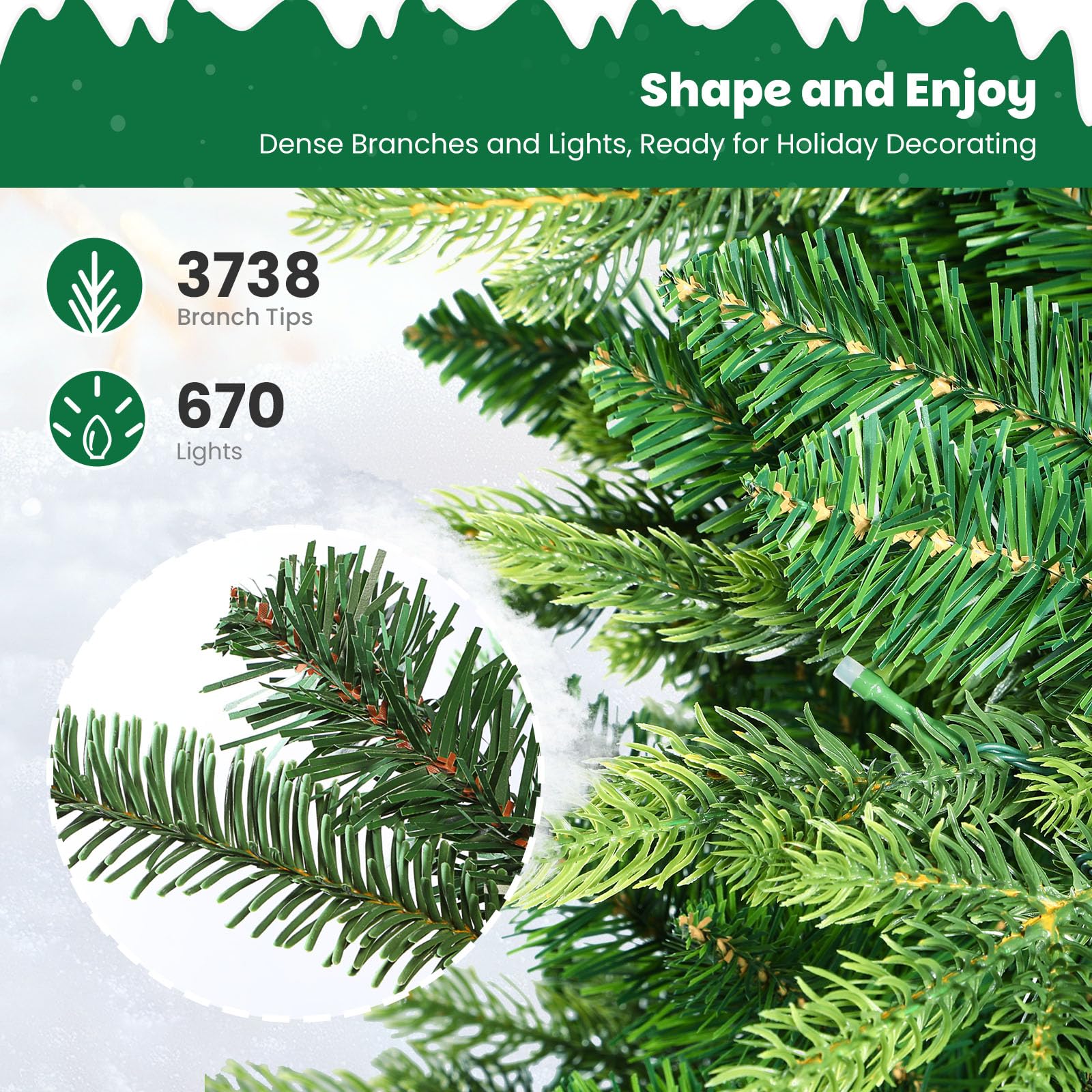 9ft Prelit Fraser Fir Artificial Christmas Tree with 670 RGB Lights and Remote ,3738 Branch Tips - SHareconn