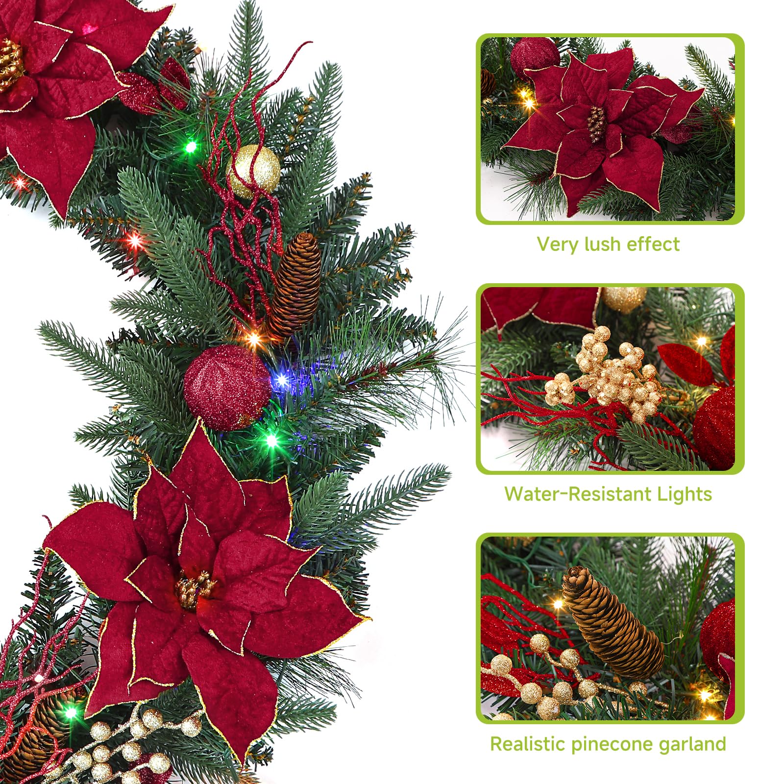 9FT Pre-Lit Christmas Garland with LED Lights & Timer – Red Poinsettia, Pine Cones, Gold Berries & Ornaments for Mantle, Fireplace, Stairs | Battery Operated, Indoor & Outdoor
